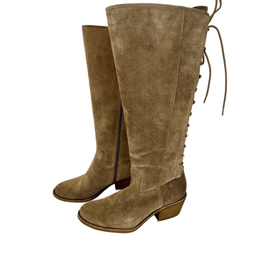 Sofft Sharnell Boot Beige Suede Knee High Boots Lace Up Zipper Block Heel 8